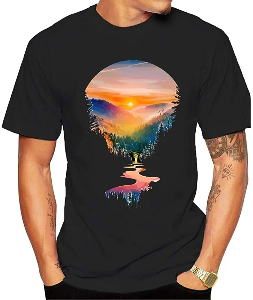 

Comfortable Cotton Short-Sleeved T-Shirt Round Neck Summer Sportswear Breathable boy Loose Shirt Big Yards Summer Sunrise Forest
