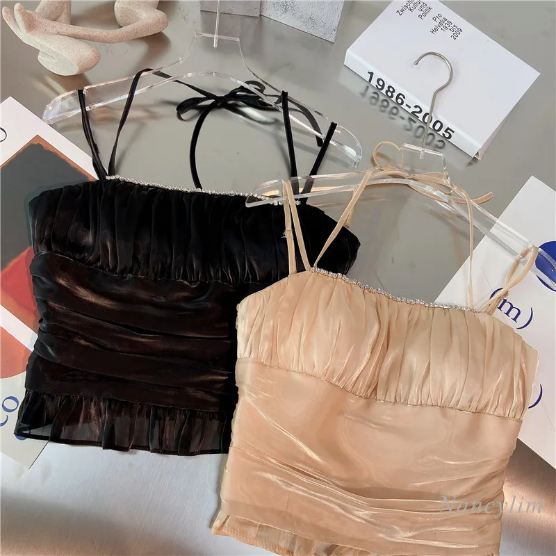 2021 Summer New Korean Style Pleated Design Camisole Sexy Wooden Ear Short Strap Halter Top