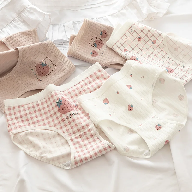 6pcs/set Sweet Strawberry Plaid Briefs Cotton Crotch Children's Underwear Vertical Stripe Girl's Breathable Triangle Shorts