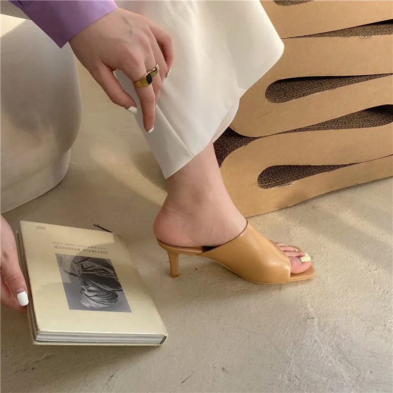 Женские шлепанцы на высоком каблуке 7 см Темно-зеленые туфли без задника Летние