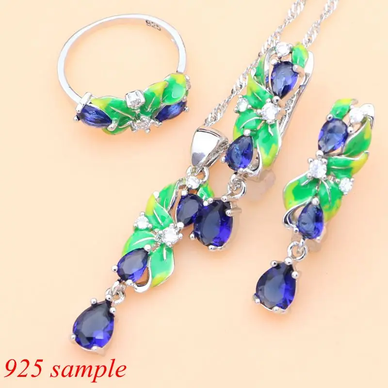 Ювелирные наборы из серебра 925 пробы с синим сапфиром изысканная эмалью серьги