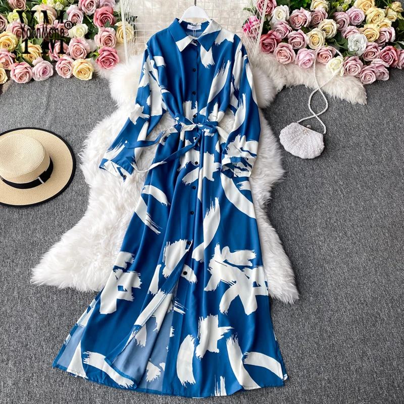 Женское платье-рубашка с поясом YornMona длинное платье-туника Европейским модным