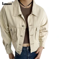 ladiguard girls streetwear 2021 single breasted top demin jackets sexy fashion jean coats women lepal collar denim jacket khaki