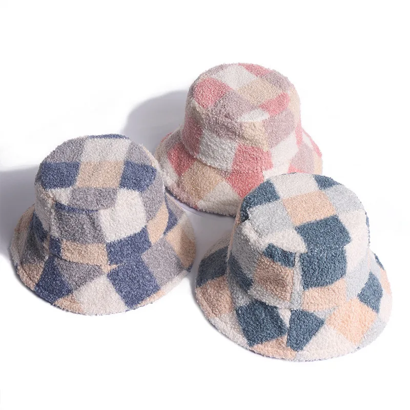 

Appa Bucket Hat Hip Hop Lamb Wool Gorros Fishing Cap Fur Bucket Hat Plaid Panama Winter Warm Arrow Symbol Print Appa Bucket Hats