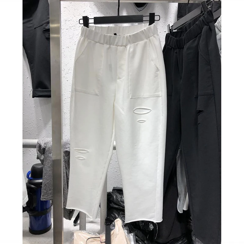 

Spring Summer Korea Fashion Women Elastic Waist Ankle-length Cotton Loose Pants Hole Design Casual Harem Pants Plus Size M76
