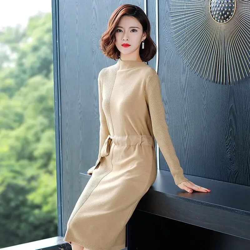 

Autumn Winter Women Simple Elegant Sweater Dress V Neck Long Sleeve A-line Fashion Slim Knitted Dresses Vestidos De Festa W466