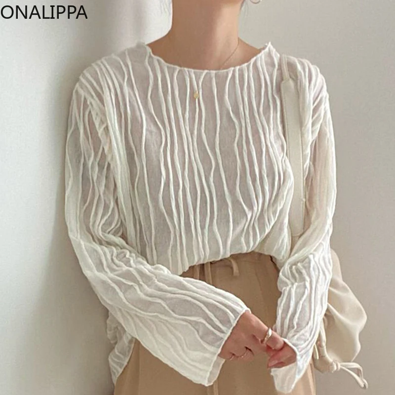 

ONALIPPA Shirt 2021 Autumn Korean Elegant Temperament Round Neck Three-Dimensional Texture Design Micro-Transparent Blouses