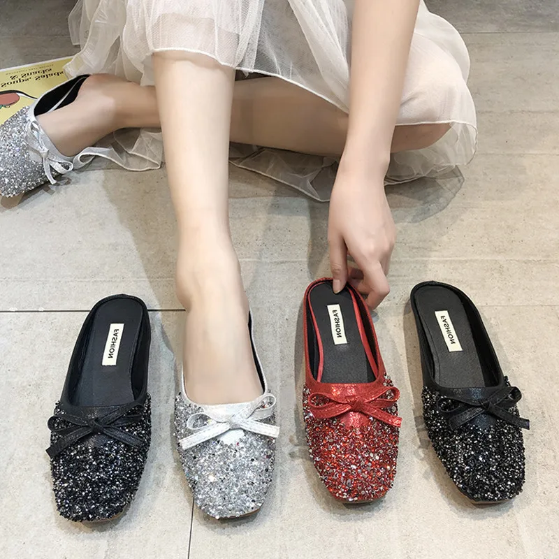 

Loafers Butterfly-Knot Glitter Slides Female Shoes Shallow Cover Toe Slippers Soft Fashion Jelly 2021 Comfort Flat Luxury Basic