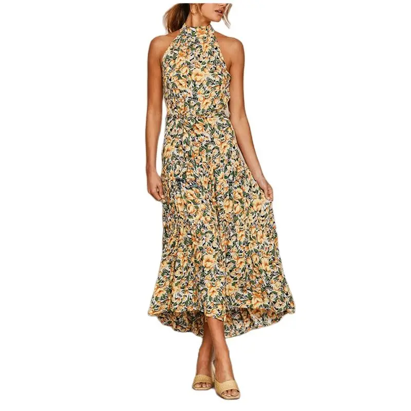 

Элегантное женское платье макси, сексуальное платье без рукавов с круглым вырезом, повседневное тонкое пляжное платье с цветочным принтом ...