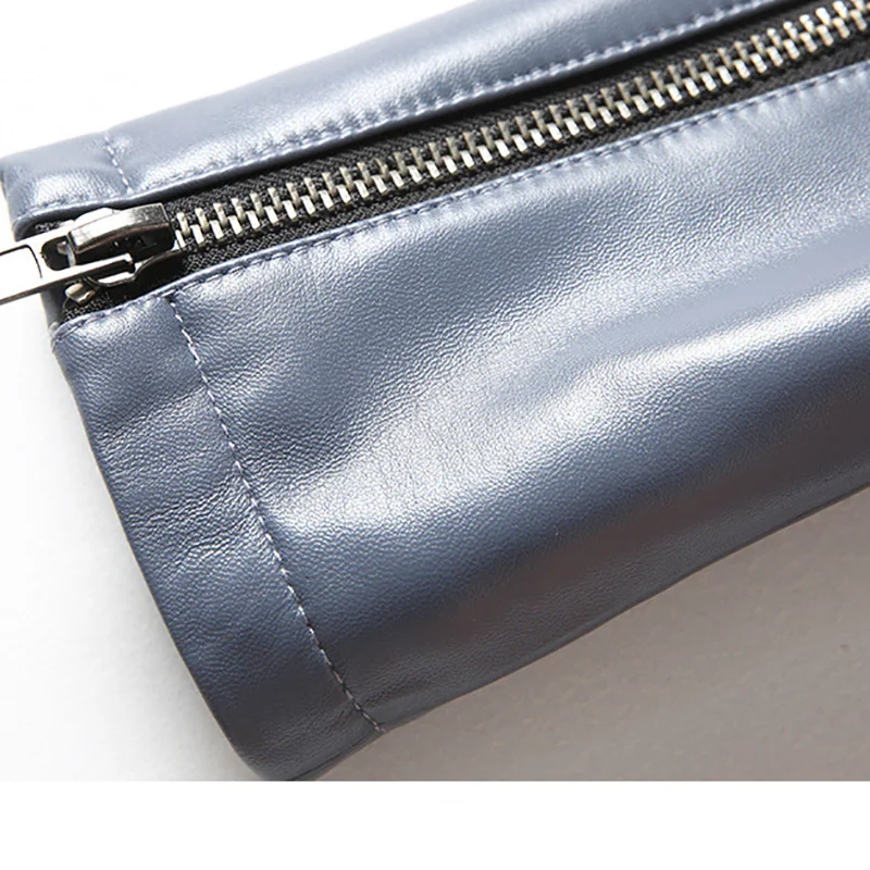 Blue Women's Moto Biker Zipper Jacket Autumn 2021 Genuine Sheepskin Aviator Jacket for Women Fall Eco Leather Jacket Female Coat