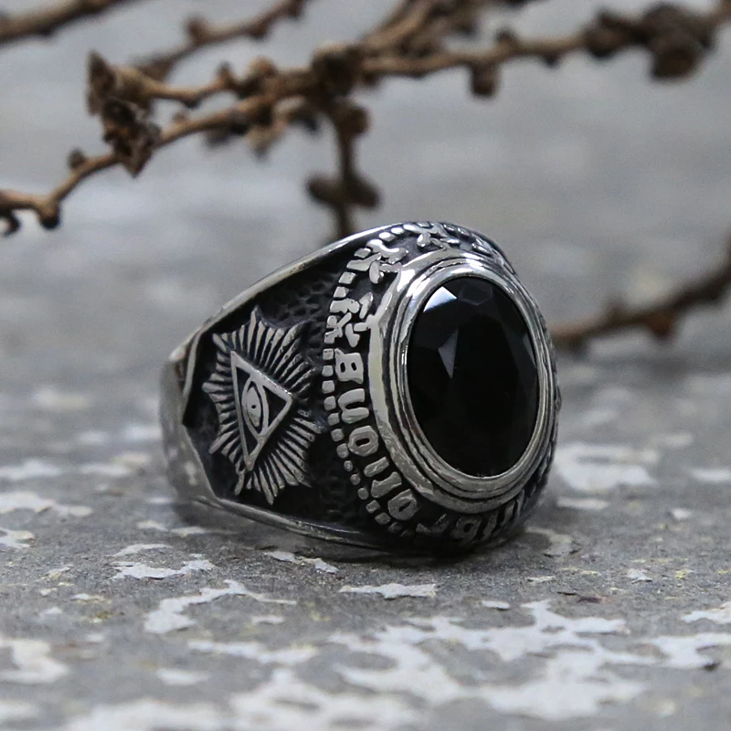 

Gothic Style Big Black Stone Ring For Men and Women Egyptian The Eye of Horus Stainless Steel Ring Pagan Baphomet Ring