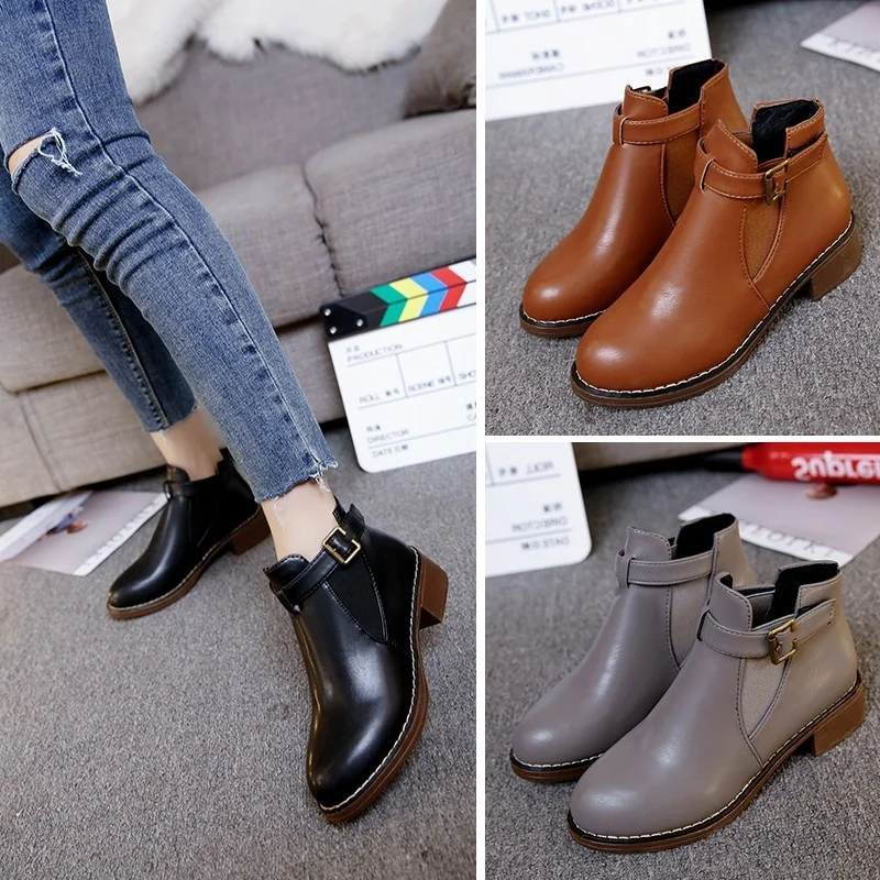 

Autumn and winter new women's shoes thick heel round head women's shoes middle heel fashion belt buckle boots
