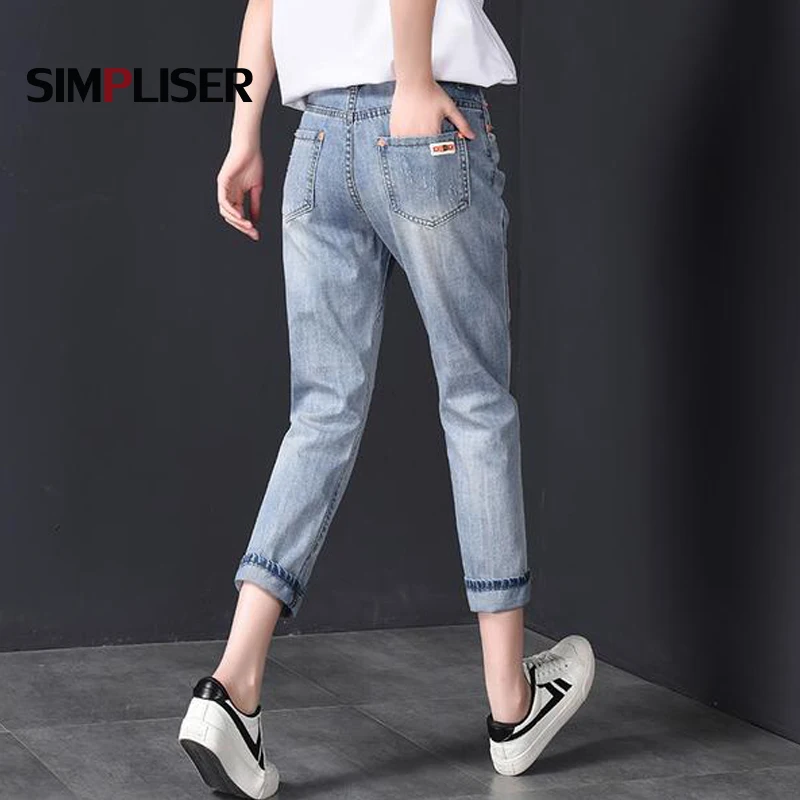 Женские рваные джинсы синие шаровары большого размера Свободные повседневные