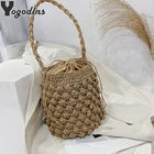 Летняя ручная сумка через плечо для женщин, пляжная сумка через плечо, Плетеная соломенная сумка-ведро с завязками, женская маленькая сумка-тоут