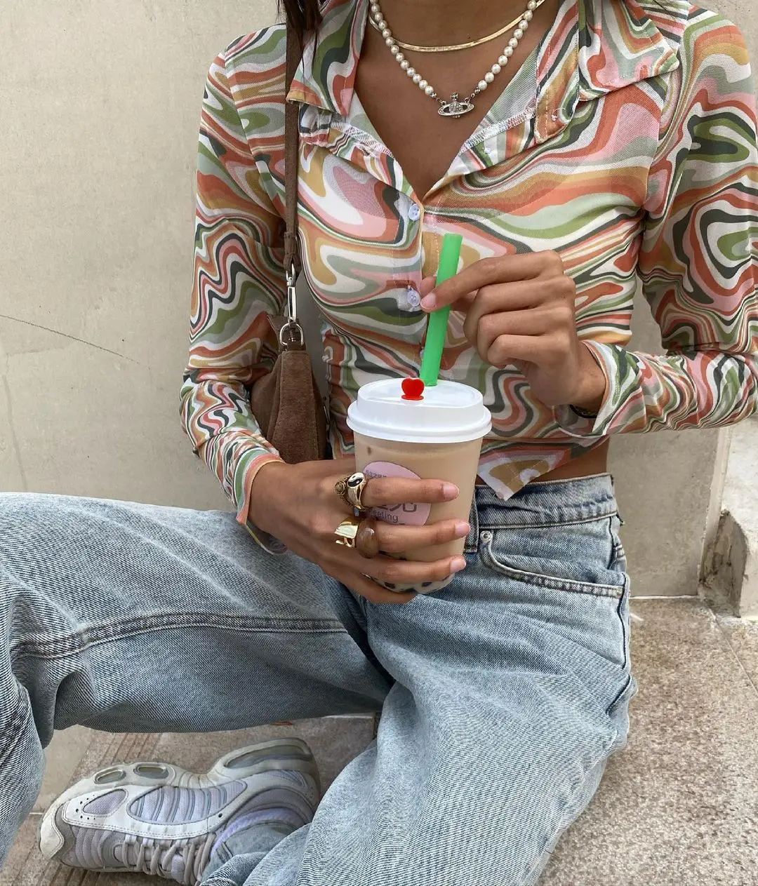 

Women's y2k Perspective Cardigan Water Ripple Print Long Sleeve Sexy See Through Single-breasted Top Fairy Grunge Streetwear