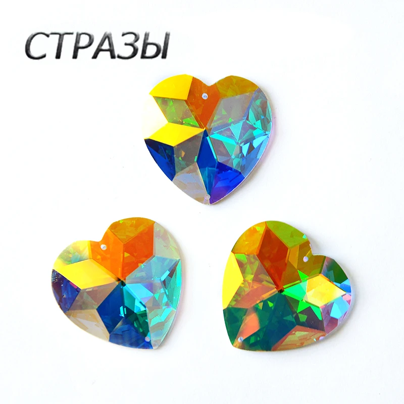 CTPA3bI 2202TH кристалл AB сердце 40 мм 3 шт стеклянные пришивные стразы с плоским