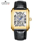Часы наручные CHENXI Мужские механические, модные повседневные деловые, с кожаным ремешком, с перфорацией, с золотым циферблатом