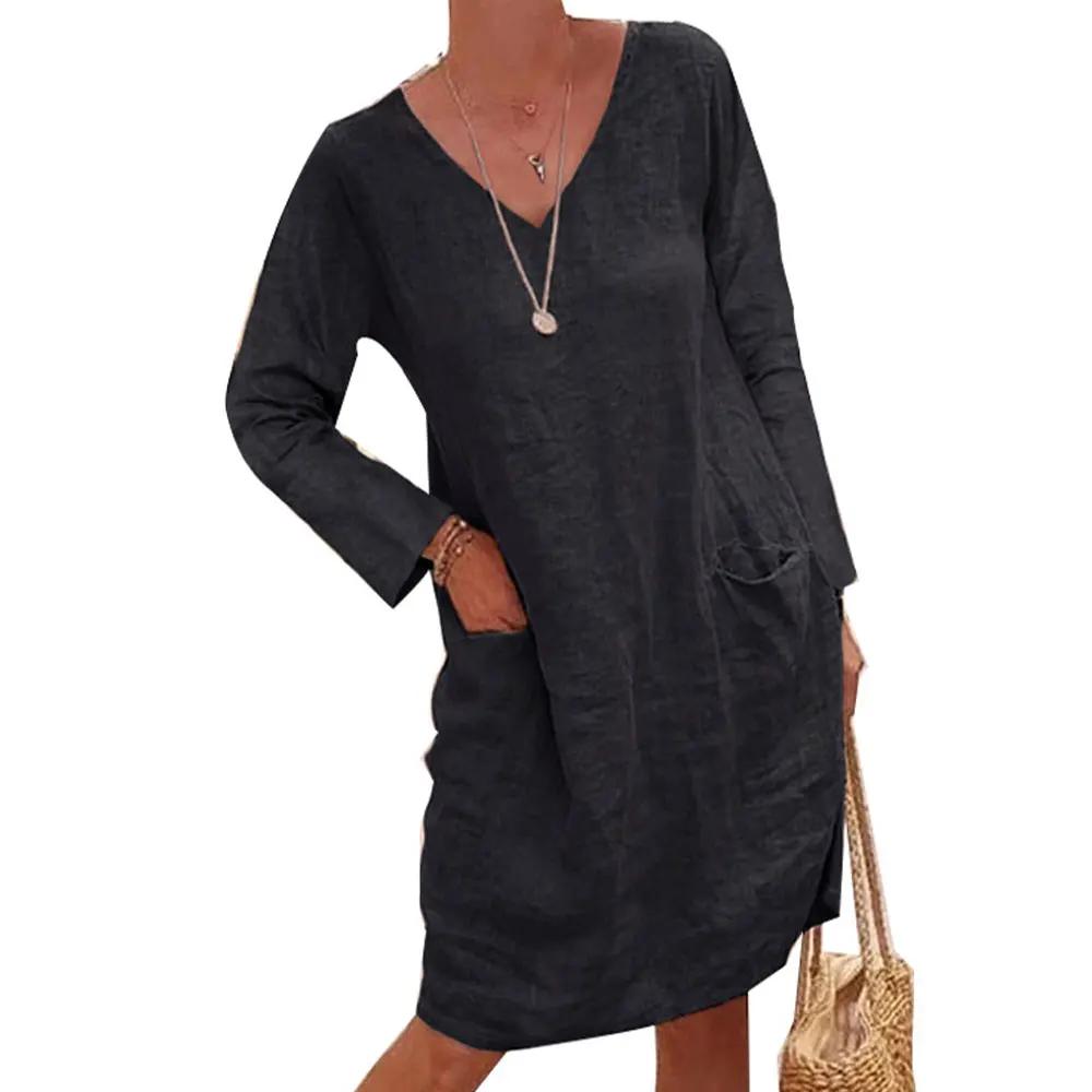 

Women Dress Fashion Solid Cotton Linen Long Sleeve Pocket Dress Loose V Neck Casual Dress Women Clothing Vestidos