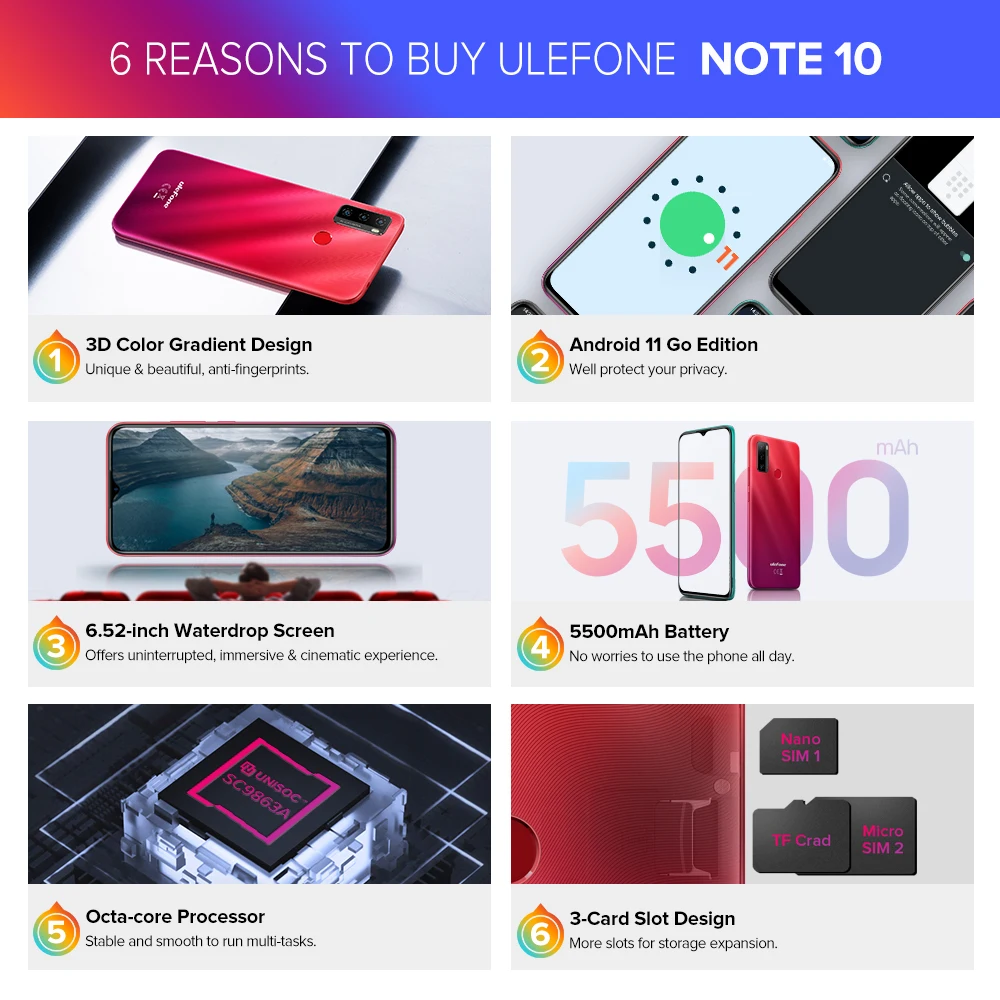 Ulefone Note 10(2021 новый) Android 11 смартфон 6 52 &quot2 ГБ + 32 Octa Core 4G мобильный телефон 5500 мАч с