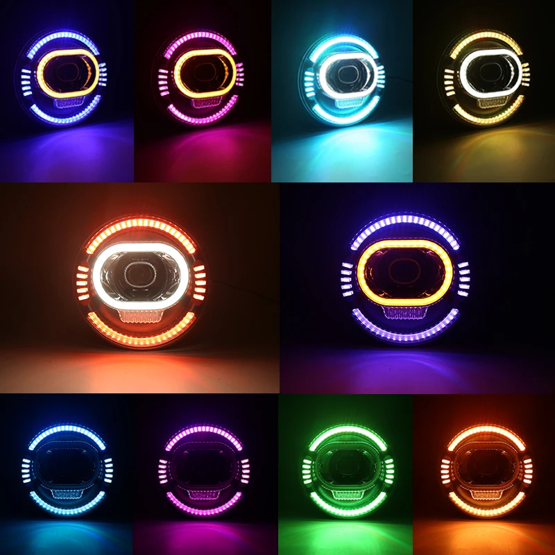 For Jeep Wrangler JK 7inch RGB LED Headlights with Amber Turn Signal Bluetooth control Lights Controlled Halo Ring . | Автомобили и