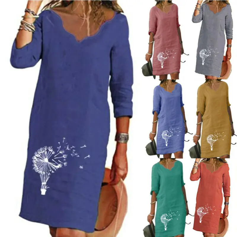 

VICABO Women Dress 2021 Women Summer V-Neck Mini Dress Half Sleeve Floral Dandelion Printed Casual Holiday Dresses