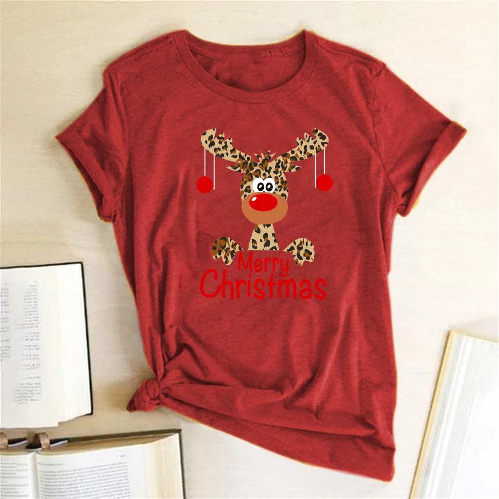 

Merry Christmas Print Harajuku Short Sleeve T-Shirt Woman Tops Clothing Women Cute Leopard Reindeer Deer Women T Shirt