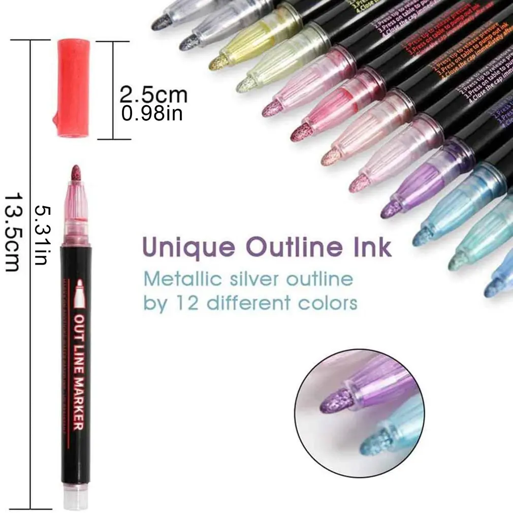 

Double Line Outline Marker Pens 12 Colours Metallic Outline Markers Pens Self-outline Metallic Markers Double Line Pen