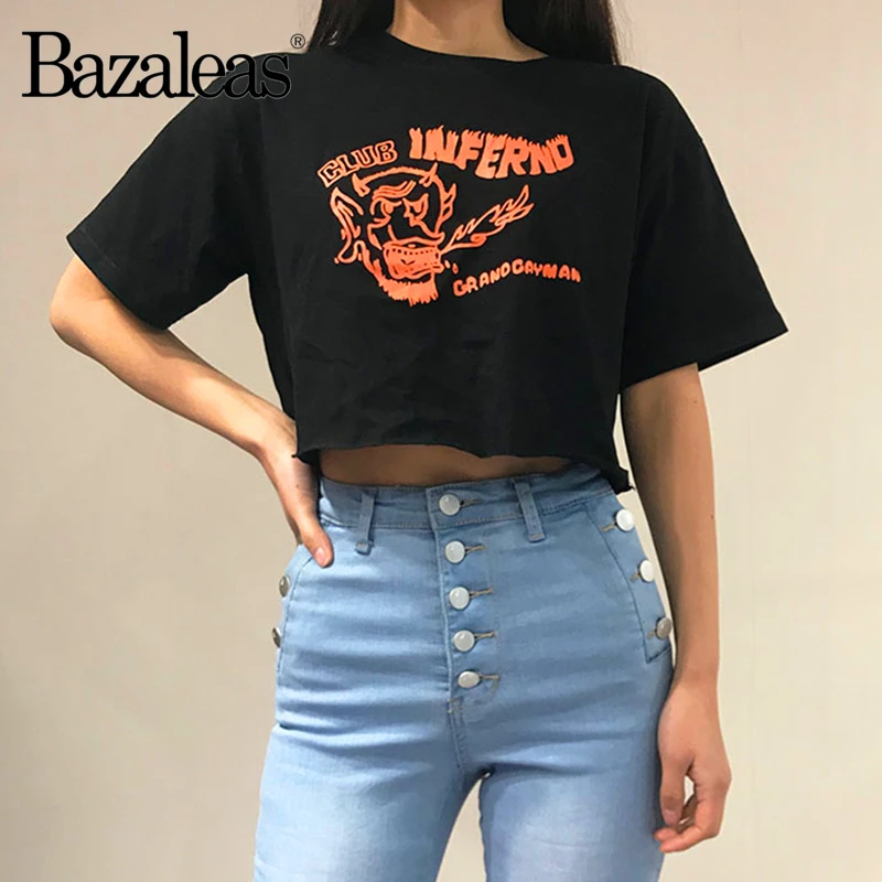 Bazaleas harajuku черная укороченная футболка с оранжевым клубным принтом женская