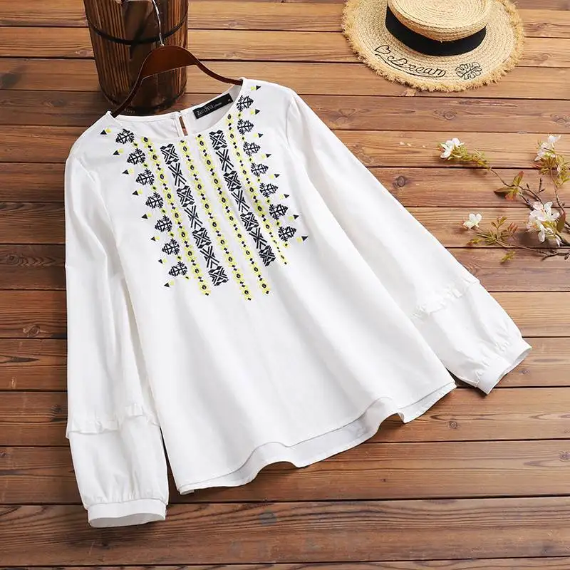 

Винтажные хлопковые льняные топы ZANZEA 2021, осенняя блузка с пышными рукавами, Женская туника с круглым вырезом и оборками, Женская Повседневн...