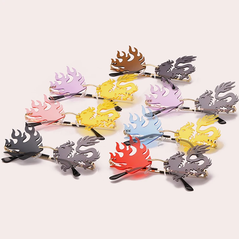

Luxury Fashion Sunglasses Women Rimless Glasses Tears Shades Eyeglass Vintage Dragon Phoenix Sunglass Fire Shape Eyewears Cute