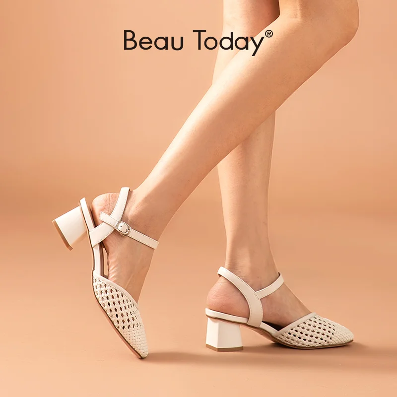 BeauToday/женские босоножки из овечьей кожи Летние женские туфли на среднем каблуке с