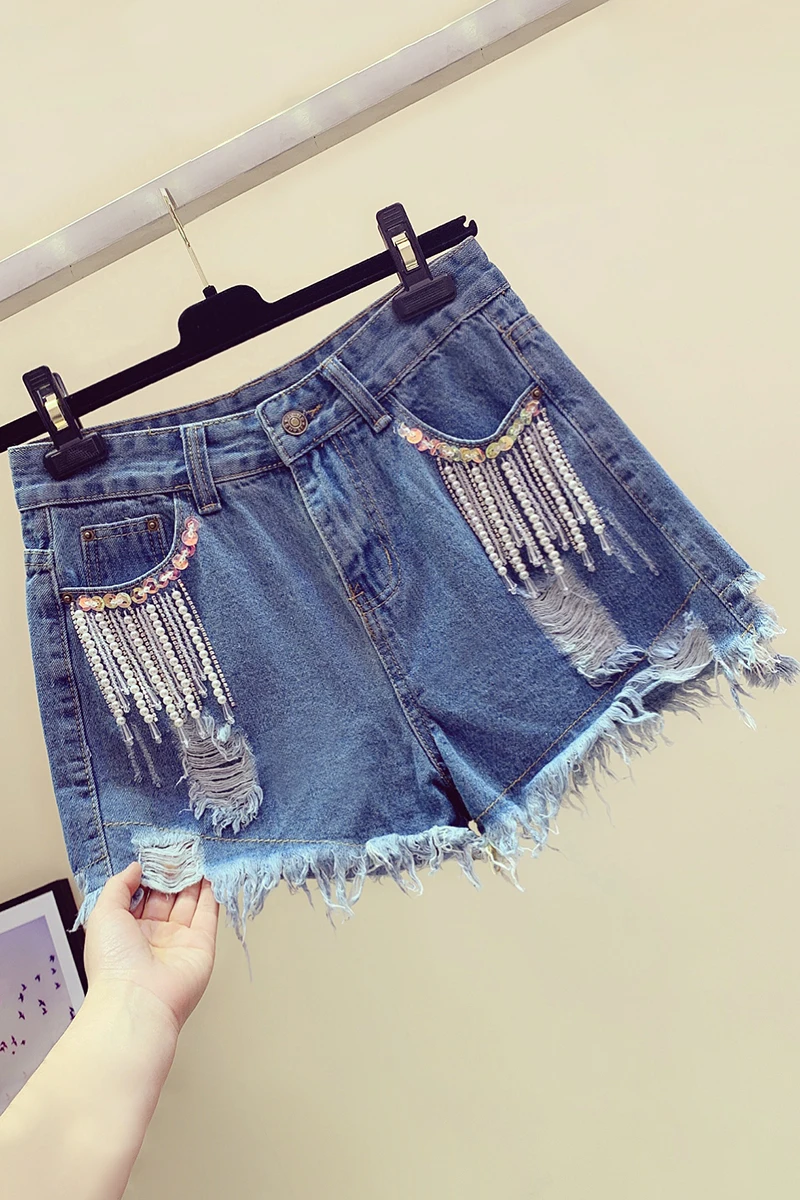 

Heavy Industry Tassel Denim Shorts 2021 Summer New Fashion Raw Hem Ripped Hot Pants Femme Short Jeans Ladies Bottoms Fashion