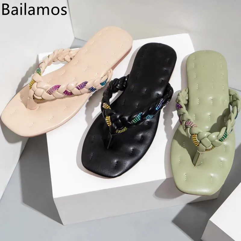 

Bailamos Fashion Women Slippers Ladies Open Toe Square Toe Shoes Flats Holiday Slides Woman Casual Beach Shoes Slippers Big Siz