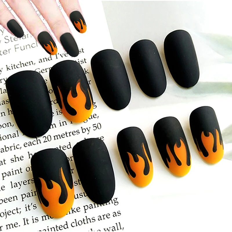 

24Pcs Fire Flame Nail Art Tips Black Matte False Nails with Glue Full Cover Fake Nail Tips Manicure Press on Nails Charms