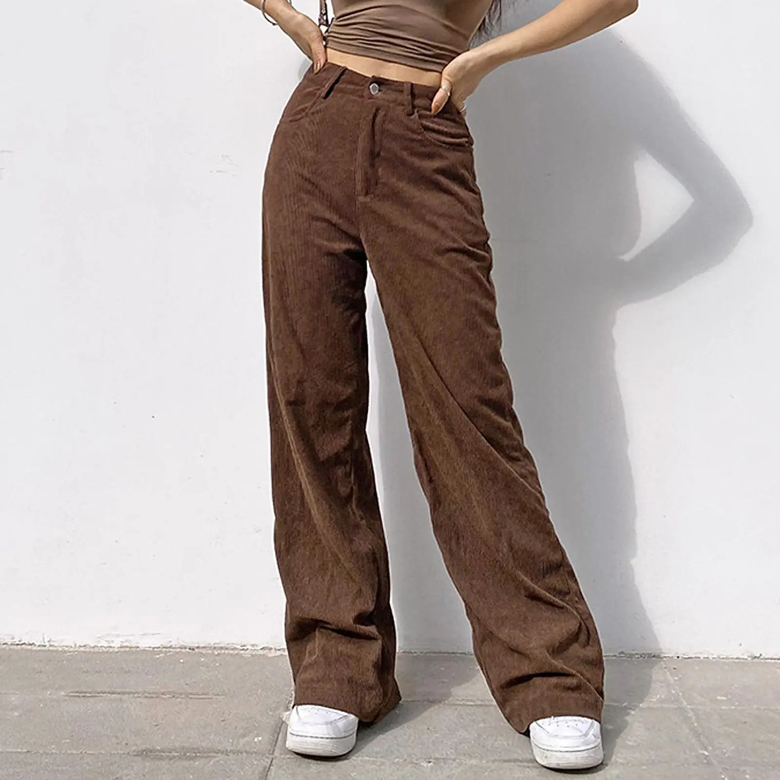 

90s Indie Streetwear Corduroy Pants Vintage Teenager Skater Girl Style Baggy Pants Fashion High Waist Brown Trousers y2k