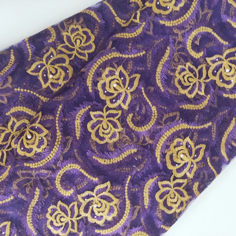 Фиолетовая Цветочная вышитая африканская сетчатая кружевная ткань для