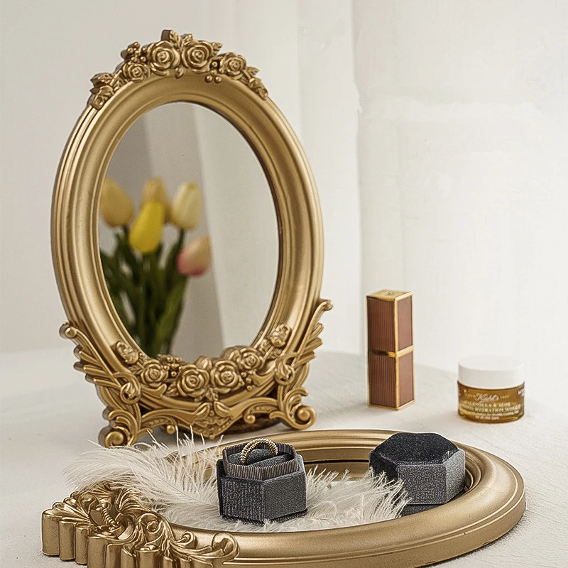 

Nordic Gold Resin Small Round Table Mirror Tray Vintage Standing Home Decorative Mirror Bedroom Table Makeup Mirror