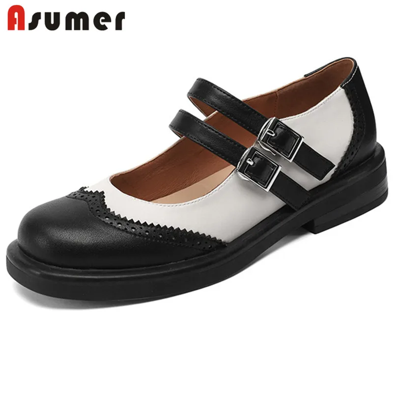 

ASUMER 2022 New Arrive Mary Janes Shoes Women Genuine Leather Shoes Mixed Colors Buckle Round Toe Comfortable Flat Shoes Ladies