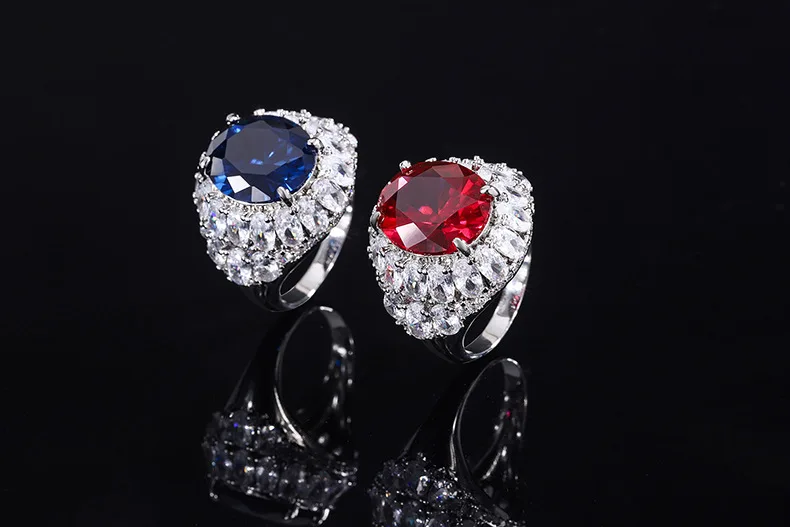 100% S925 full body silver color sapphire pigeon blood red sapphire full diamond ring