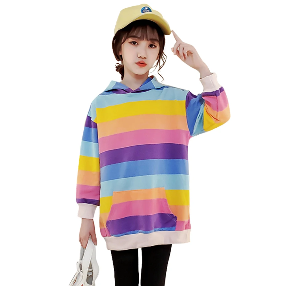 Толстовки с капюшоном для девочек худи радужного цвета осенние толстовки