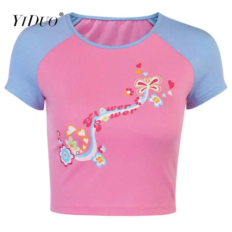 

YiDuo Sexy Patchwork Women's Summer Crop Tops 2020 Kawaii Graphic Print Pink T-shirts Aesthetic Female Slim Casual Tops Tees