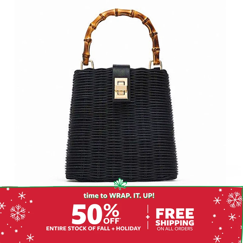 

2019 small box beads black white straw bag portable slung handmade female beach bag