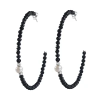 hoop earrings natural black agate with freshwater cultured pearl handmade circle earrings for women bohemian jewelry gift