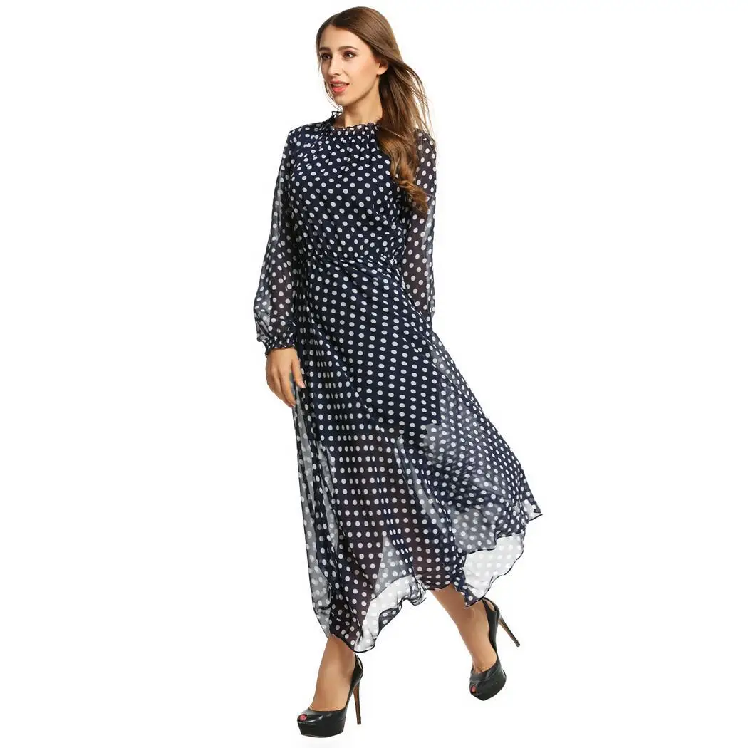 

European And American-Style Hot Selling Beach Skirt Polka Dot Chiffon Long-Sleeve Dress Women's Clothing Hot Selling