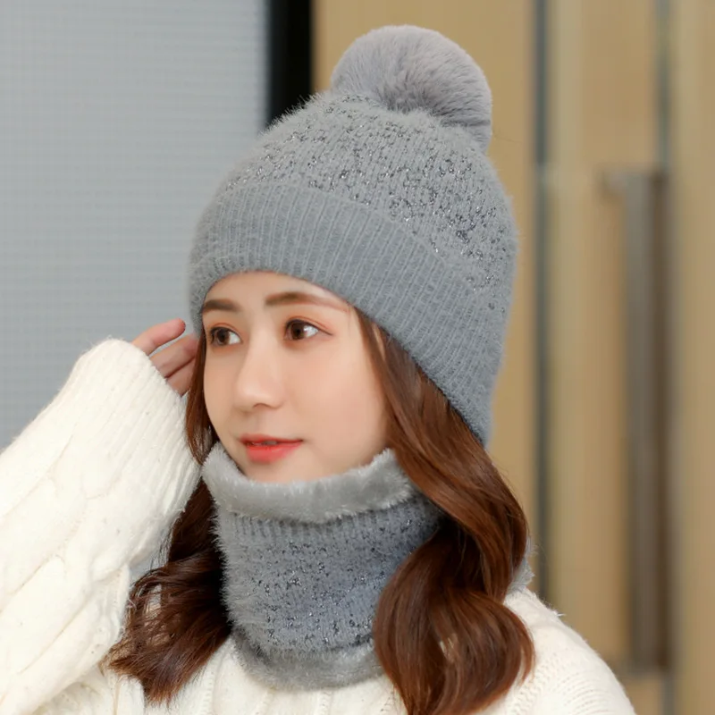 

Fashion Winter Hat Scarf Set For Women Warm Beanies Hat For Girl Pompom Winter Hats Ring Scarf Plush Knitted Caps Scarf 2 Pieces