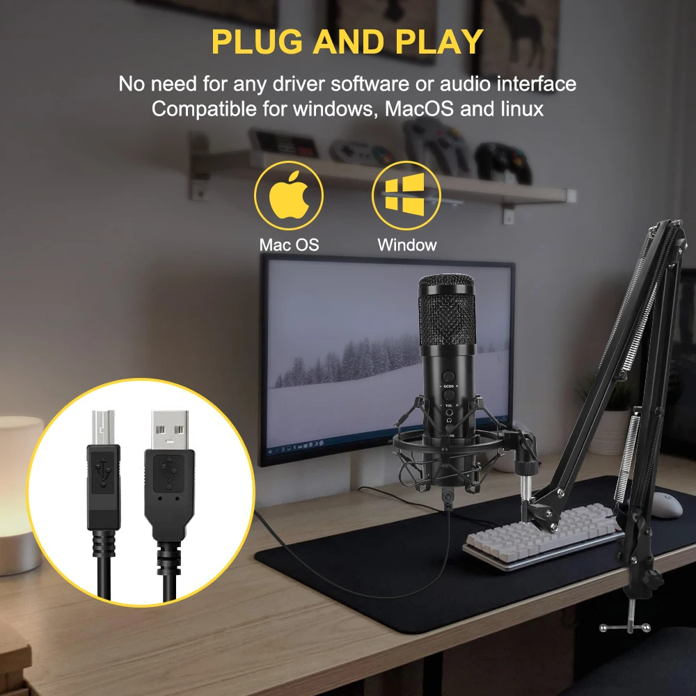 USB-микрофон конденсаторный с кнопками управления громкостью и выходом для