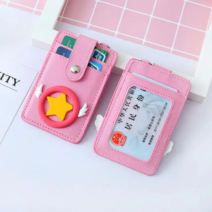 

2021 Sharkbang Kawaii PU Leather Double Side Pink Heart Bell Rope Card Holder Bus Bank ID Card Keychain Protection Case
