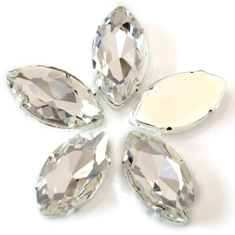 Прозрачные стеклянные стразы в форме конского глаза 5 размеров с серебряными