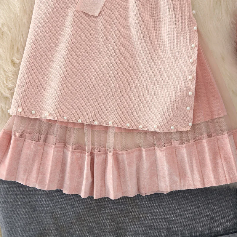 2019 осенне зимний костюм с платьем женский элегантный длинный рукав бисером