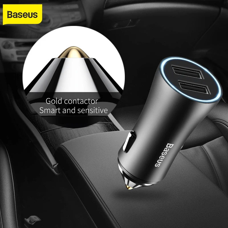 

Baseus Brand Dual Port USB Car Charger 2.4A Fast Charge Metal Mini USB CarCharger Smart Light Car Phone Charger For Mobile Phone